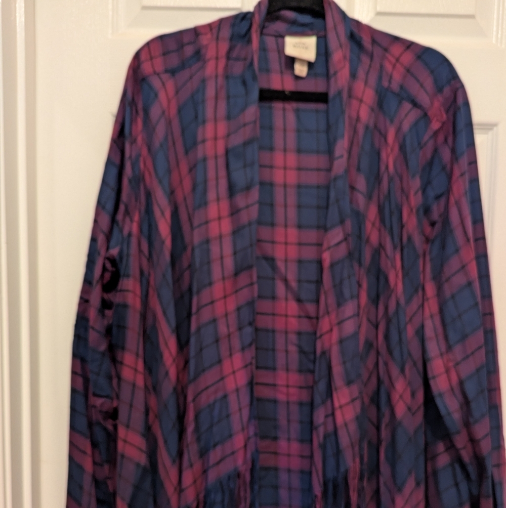 Knox Rose Plaid Flannel Fringe Cardigan ~ Women's Medium Open Boho Duster